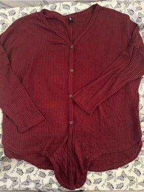 Waffle Knit Button-Front Long Sleeve Top - Burgundy